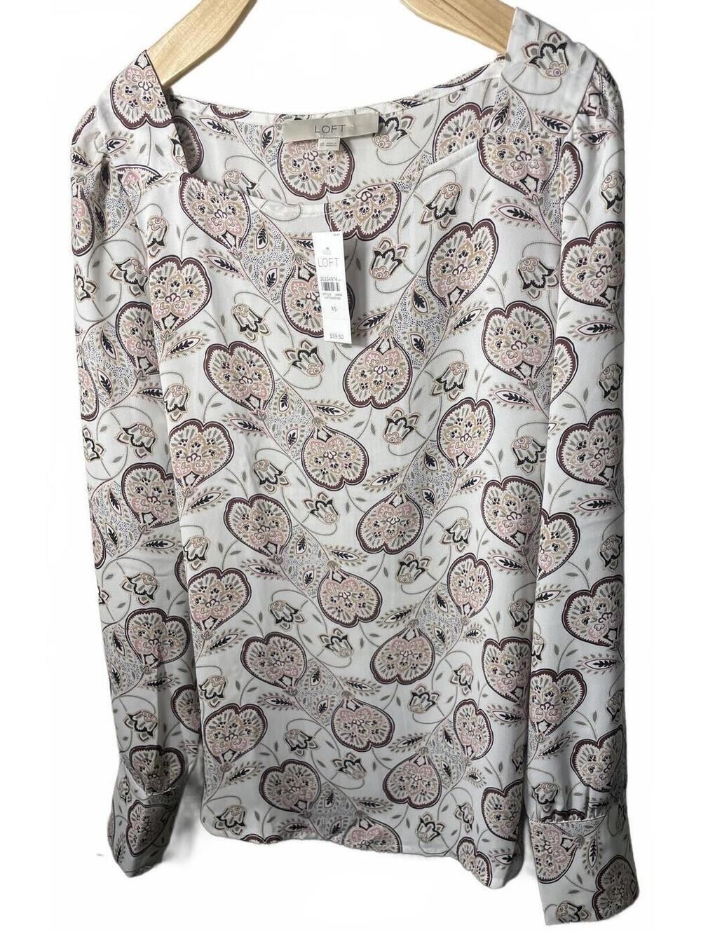 LOFT Blouse Top Womens XS White Square Neck Button Cuff Earthy Paisley Boho NWT